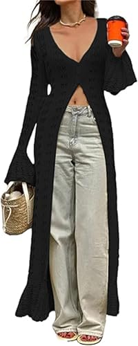 Women Long Crochet Cardigans Button Down Hollow Out Vneck Long Sleeve Cover Up Maxi Dress Going Out Slit Sweater