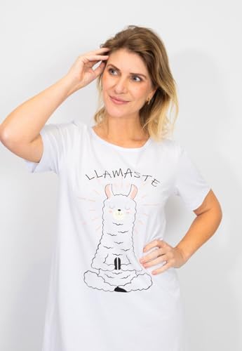 Camisola Feminina Adulto Manga Curta Algodão – Branco lhamaste (Branco, GG)
