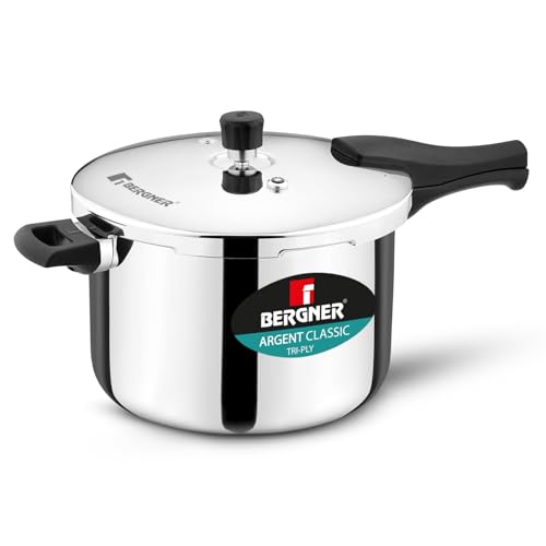 Image of Bergner Argent Classic Triply Stainless Steel 8 Liters Outer Lid Pressure Cooker, Big Size Triply Cooker with Resettable Safety Valve, Sturdy Handle, Easy to Clean - Induction and Gas Stove Ready
