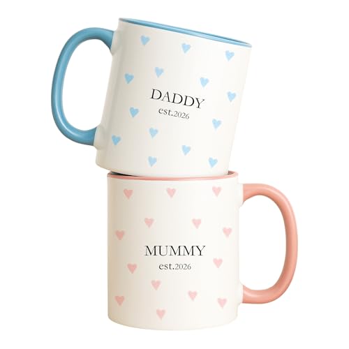 allaboutthebump Personalised Mummy & Daddy Est. 2026 Heart Ceramic Mug Set Custom New Parents Gift Pregnancy Announcement Baby Shower Mothers Day & Fathers Day (Set of 2: Mum & Dad)