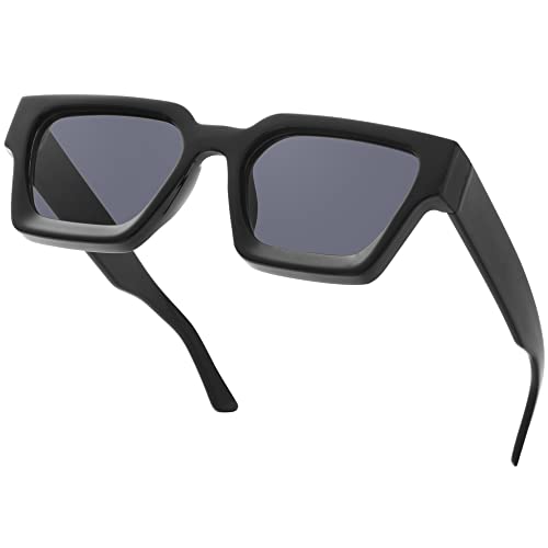Teumire Thick Square Frame Sunglasses for Women Men Retro Chunky Rectangle Sun Glasses Fashion Black Shades(Black Frame/Grey Lens)