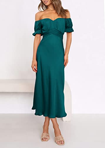 Kirundo 2023 Summer Women's Satin Midi Dresses Off Shoulder Wrap Ruched Wedding Guest Party Cocktail Formal Prom Dress(Dark Cyan, Small) #TOP2