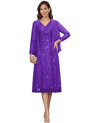 Image of 2 Pieces Mother of Bride Dresses with Jackets - Sequin Lace Chiffon A-Line Tea Length Formal Evening Dresses for Women