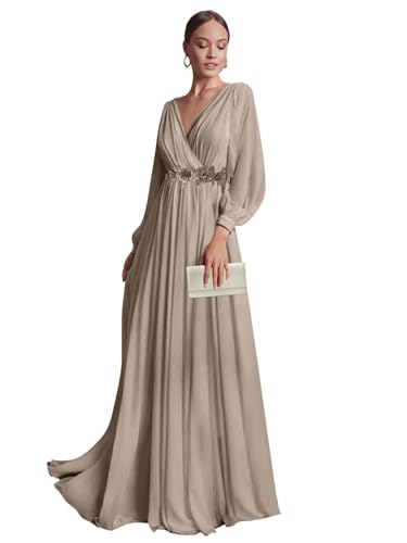 MAGGCIF Chiffon Bridesmaid Dress Long Sleeve Ruffle Lace Appliques A Line V Neck Formal Prom Dresses Evening Gowns