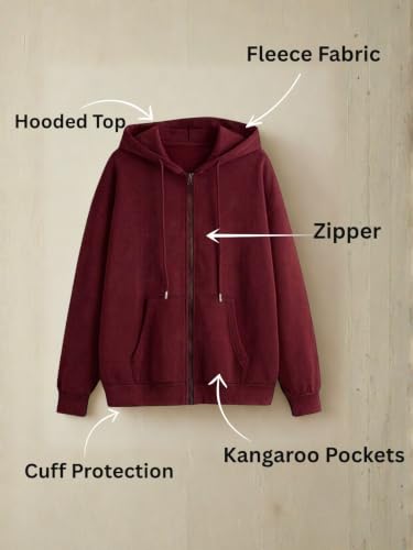 Image of Women's Fleece Fabric Zipper Hooded Jacket Loose Fit /Oversized, Drawstring | Plus Size Also Available