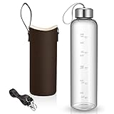 32 oz Glass Water Bottle with Nylon Bottle Protection Sleeves and Stainless Steel Lid 1L Time Marked Measurements for to-Go Travel at Home Reusable Eco Friendly (Coffee)
