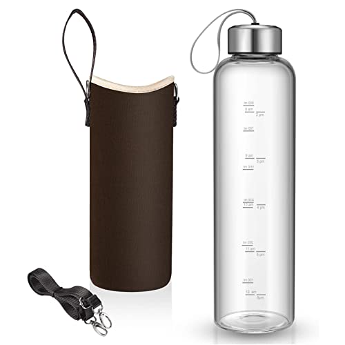 Sursip 32 oz Glass Water Bottle - Nylon Bottle Protection Sleeves, Stainless steel Lid, And 1L Time Marked Measurements, Reusable, Eco-Friendly, Safe for Hot Liquids Tea Coffee Daily