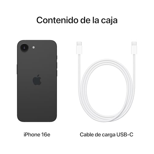 Contenido de la caja del iPhone 16e incluyendo el teléfono y el cable de carga USB-C