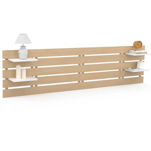 IDMarket - Cabecero colgante de 5 láminas grandes Nina 240 cm, madera clara y estantes blancos