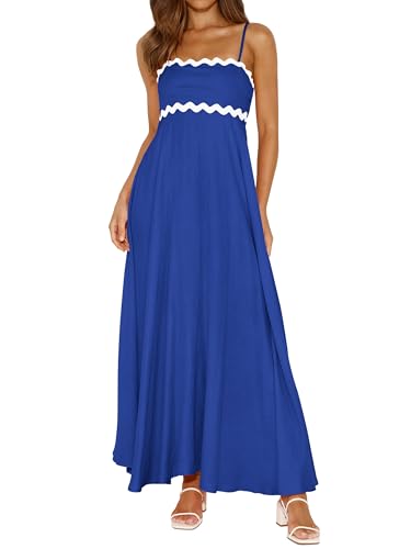 PRETTYGARDEN Women Spaghetti Strap Boho Maxi Dresses Flowy(Royal Blue,XL)