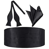 Shyyween 3 Pcs Men's Cummerbund Bow Tie Set Self-tie Bow Tie Pocket Squares Cummerbund Black for Tuxedo Wedding Special Occasions