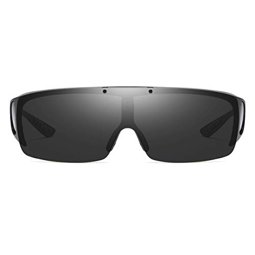 FLIP UP Polarized Fitover Shield Wrap Sunglasses over Prescription Eyeglasses with Side Windows 100% UV400 Protection (Matte Black | Gray lens)