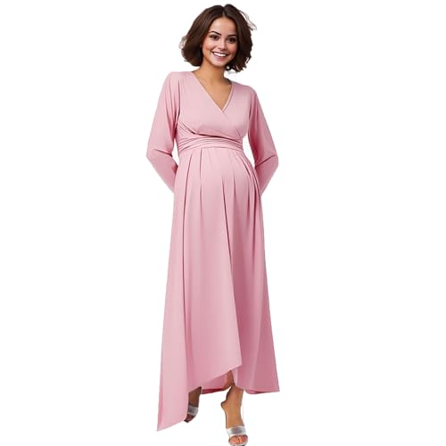 Vestido de Maternidad Mujeres Manga Larga Moda Casual Embarazadas Ropa Fruncida para Embarazadas Elegante Color sólido Primavera Verano Vestido Largo premamá Vestidos de Noche