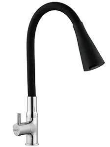 Jagger JAG178 Brass Table Deck Mounted Flexible Swan Neck Tap for Wash Basin, Black Flexible with Silicone Swivel Spout Chrome Finish (with Teflon Tape and Flange) (TURBO [ DUAL FLOW ])