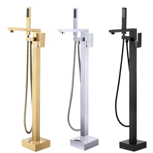 Robinet de baignoire autoportant noir mat avec mitigeur de douche carré sur pied cascade
