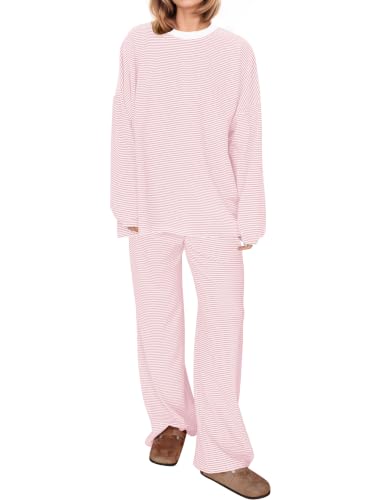 Image of MISSACTIVER Women's 2 Piece Striped Lounge Set Long Sleeve Oversized T-Shirt Wide Leg Pants Matching Pajamas Set