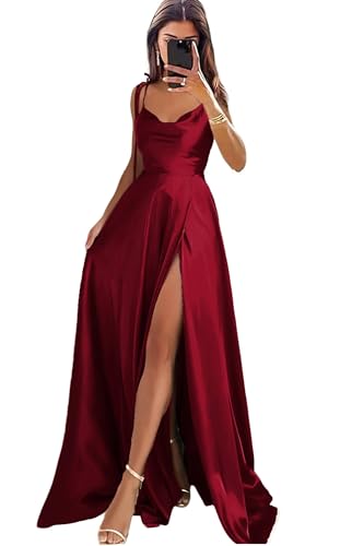 MisShow Satin A Line Bridesmaid Dresses for Women Cowl Neck Long Formal Dress Evening Party Gown with Slit