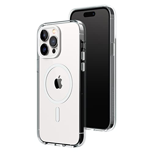 RhinoShield Coque Clear Compatible avec Magsafe pour [iPhone 14 Pro Max] | Force magnétique supérieure, Haute Transparence et résiste au jaunissement. Personnalisable - Blanc Contour objectifs Photo