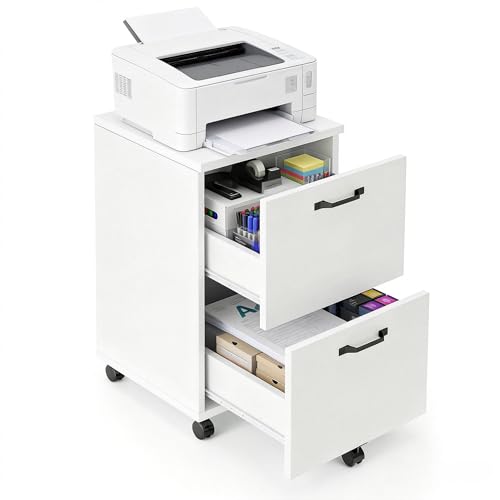 Image of 2 Drawer Filing Cabinet, Wood Rolling Filing Cabinets with Printer Stand, Under Desk Storage Lockable Wheels, Home Office Organizer for A4 Letter Legal Size Documents,White