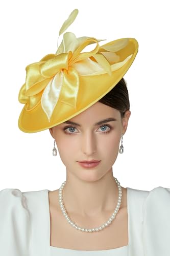BABEYOND Derby Hats for Women - Fascinators Tea Party Hats Headband Wide Brim Fascinator Wedding Cocktail Flower Feathers Yellow