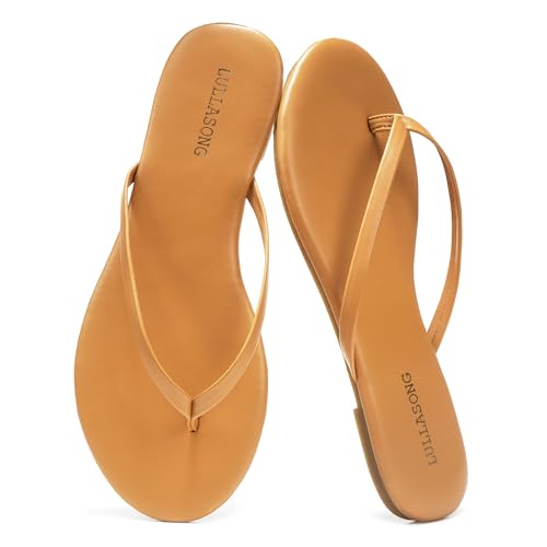 Image of LULLASONG Flip Flops For Women Comfortable Round Toe Beach Sandals Thong Strap Slides Slip On Dressy Flats Sandals For Women
