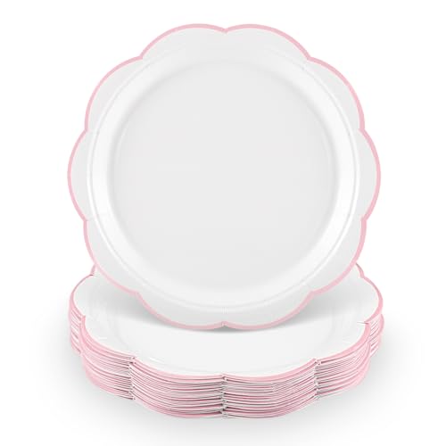 Image of NatNarr 30 Pcs Pink and White Paper Plates, 7 Inch White Plates with Pink Trim Scalloped Dessert Cake Plate Disposable for Baby Shower, Wedding, Bridal Shower, Birthday