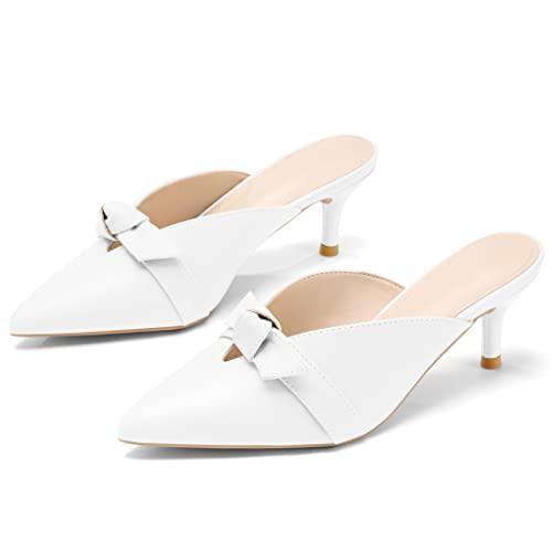 Coutgo Womens Bow Knot Mules Kitten Heel Pumps Slip On Heeled Sandals Pointed Toe Slides Backless Dress Shoes #TOP3