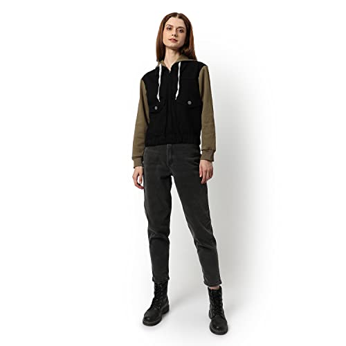 Image of Campus Sutra Women Black & Olive Green Regular Fit Denim Jacket For Winter Wear | Collared Neck | Full Sleeve | Buttoned | Casual Jacket For Woman & Girl | Western Stylish Jacket For Women