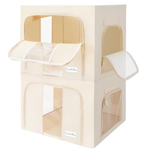 Prestigénie Set mit 2 x 66L Kleideraufbewahrung Box – Kleiderschrank Organizer – Schrank Organizer für Decken und Kissen mit transparentem Fenster
