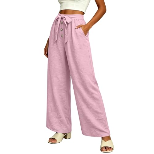 Linen Wide Leg Pants for Women, High Waisted Button Work Casual Flowy Tie Knot Trousers with Pockets, Lightweight Breathable Summer Vacation Beach Office Work Womens Palazzo Pants 2026PinkXXL — view 5