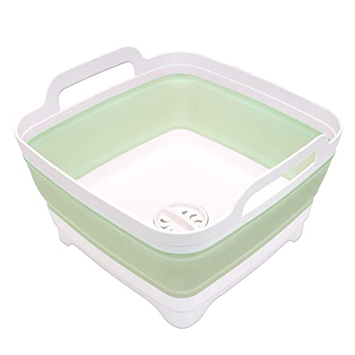 Image of 2.4 Gal(9L) Collapsible Dish Basin with Drain Plug, Space Saving Outdoor Multiuse Foldable Sink Tub, Dishpan, Kitchen Storage Tray for Camping, Vegetable Washing, RV (Green)