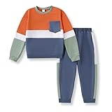 Voxikidio Toddler Boy Clothes 5T 6T Color-Block Long Sleeve Sweatshirt and Pant Clothing Set Kids 2Pcs Fall Winter Outfits Orange 5-6 Years