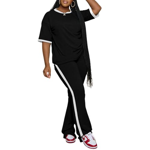 PINSV 2 Piece Sets for Women Summer Casual Short Sleeve Top and Flare Pants Lounge Sets Black XXL