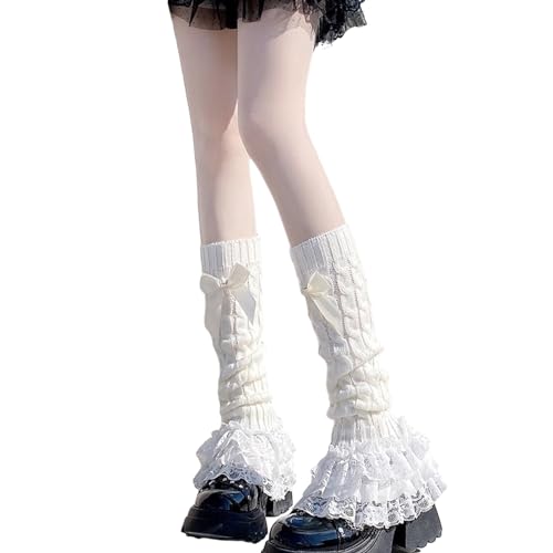 Japanese Women Twist Cable Knit Bowknot Leg Warmer Socks Princess Tiered Ruffled Lace Leg Cover Stockings4