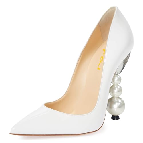 FSJ Women High Heels Pumps Closed Pointed Toe Slip On Pearls Beaded Elegant Ladies Office Party Sexy Dress Shoes Size 4-16 US