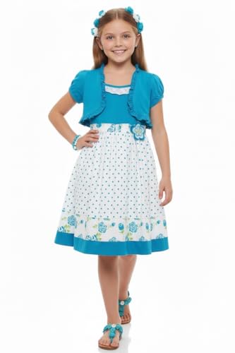 Image of ToBeInStyle Girls Two Piece Short Sleeve Dress and Matching Bolero Crop Cardigan Assorted Prints Cotton Blend Summer Outfit