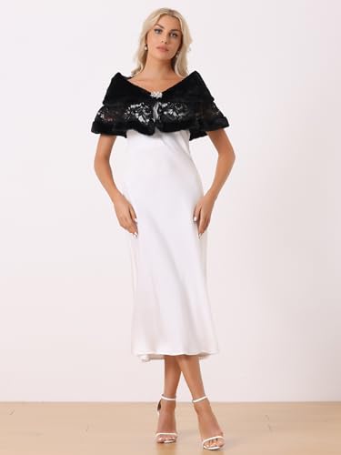 Allegra K Women's Wedding Cape for Dress Lace Trim Evening Faux Fur Shawl Shrug3