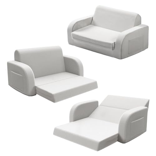 little dove 3-in-1 Extra Wide Convertible Kids Couch, Flip Open Toddler Couch to Lounger, Comfy Toddler Chair for Children Ages 3+, Machine-Washable Kids Sofa, Kid Sofa Bed for Fun Playtime, Gray