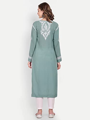 Image of indiankala4u Women's Hand Embroidered Chikankari Kurta for Women | Modal Cotton Straight Kurti | Lucknowi Chikan Work Ethnic Kurta | Full Sleeve Festive Office Wear