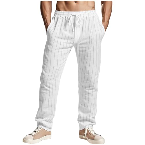 Mens Cotton Linen Pants Summer Beach Pant Striped Drawstring Elastic Waist Casual Loose Comfy Trouser with Pockets