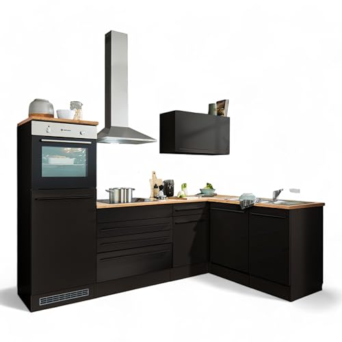 Stella Trading Jazz 6 Moderne Eckküche mit Elektrogeräten in Schwarz matt, Lanzelot Eiche Optik -...