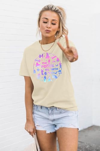 Image of FRYAID Women May The Power Be with You Graphic T Shirt Short Sleeve Casual Tops Summer Fun Vacation Shirt Soft Casual Fit