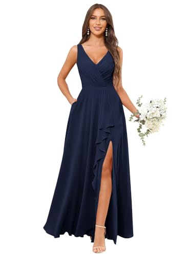 Image of HANVAIOS Long Chiffon V Neck Bridesmaid Dresses for Women Formal Dress with Pocket