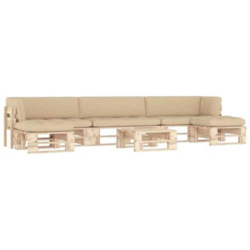 Gecheer Muebles de palets 6 pzas con Cojines,Muebles de Jardín Exterior,Sofá Exterior,Madera Pino,Sillones Mesa para Exterior Patio Terraza,2X Esquina + centrales + 2X reposapiés + Mesa Beige