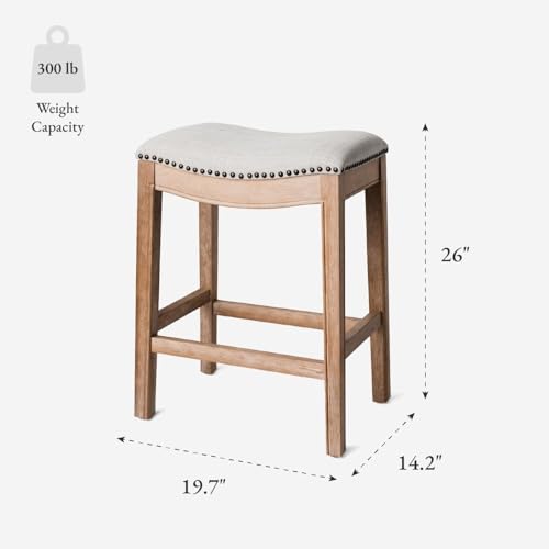Image of Maven Lane Adrien Backless Counter Stool - 26 Inches - Saddle Stool with Footrest - Brown Solid Wood Frame & Natural Fabric Upholstery - Perfect for Kitchen Islands & Counters