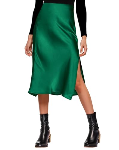 Image of Amy Babe Womens Satin Silk High Waist Slit Midi Skirt Long Skirts for Women | Elastic Waistband, Side Split, Midi Length, Below the Knee, Silky Fabric, Elegant, Fall Winter Outfits