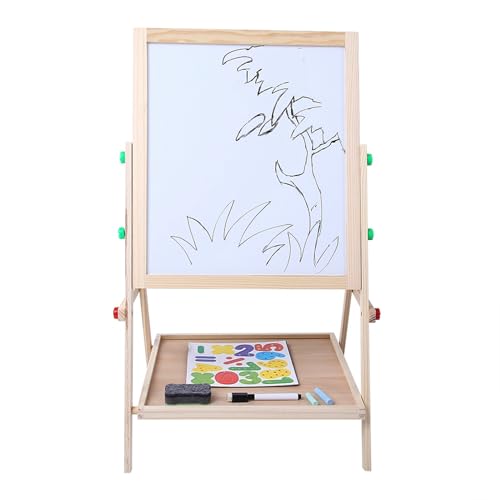Kikumi Pizarra de Pie de Doble Cara 2 en 1 para Niños Pizarra Blanca Ajustable Arte Dibujo de Madera Tablero de Madera Remolino de para Niños con 2 Pizarras de Tiza Diseño de Prevención de Vuelcos