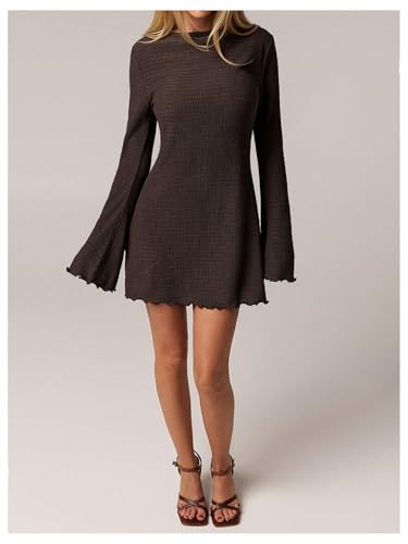 BEAUDRM Women\'s Lettuce Trim Mini Dress Y2k Bell Long Sleeve Crew Neck Going Out Party Dresses Coffee Brown Small