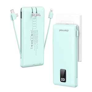 Charmast Portable Charger with Built-in Cables and Wall Plug, 10000mAh USB C Power Bank Fast Charging 15W, External Battery Pack Slim, Travel Essentials Compatible with 15 14 13, Samsung Galaxy, iPad