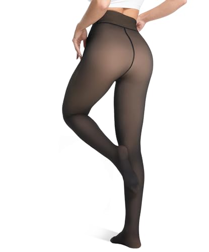 Unesmaro Women's Thermal Fleece Lined Tights, Translucent Skin Tone Pantyhose Style Leggings for Winter Warmth Black Large